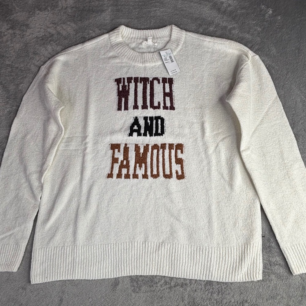 Maurices Graphic Sweater Women Small White Witch and Famous Chenille Halloween